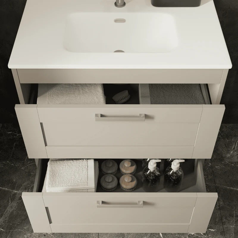 Mueble de Baño Suspendido con Lavabo Cerámico modelo Ellen | Mueble Volado 2 Cajones Con Tirador | Moka Mate