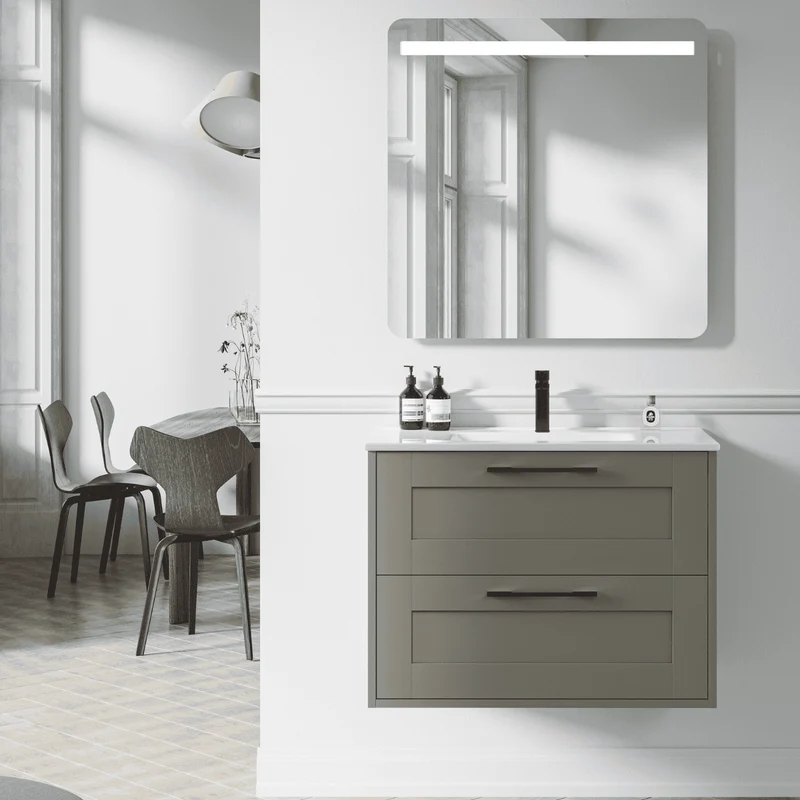 Mueble de Baño Suspendido con Lavabo Cerámico modelo Ellen | Mueble Volado 2 Cajones Con Tirador | Moka Mate