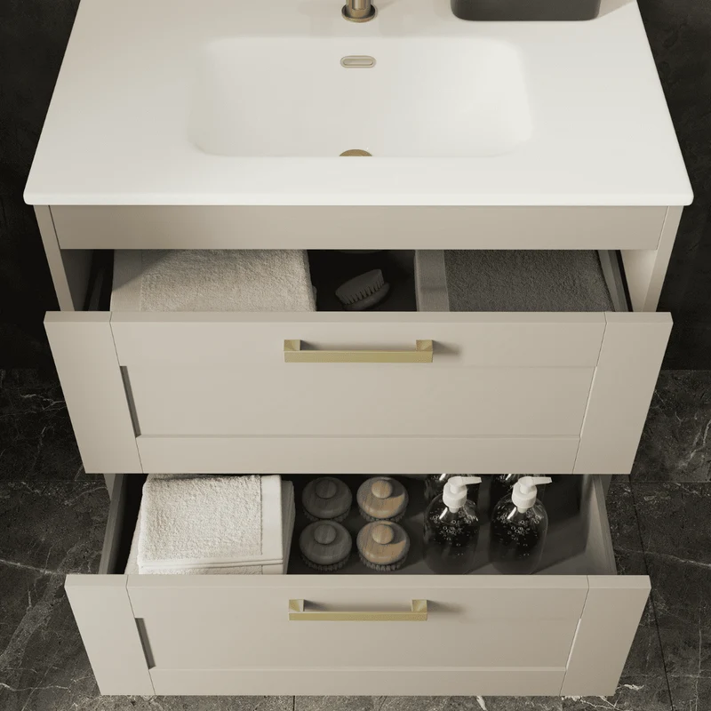 Mueble de Baño Suspendido con Lavabo Cerámico modelo Ellen | Mueble Volado 2 Cajones Con Tirador | Moka Mate