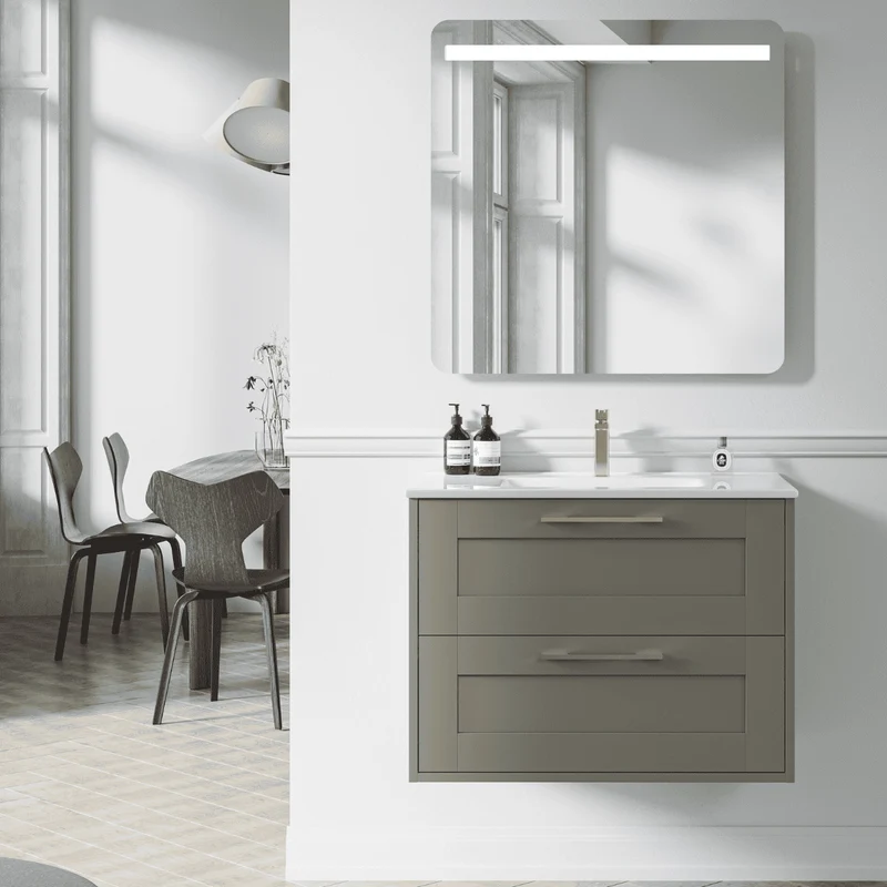 Mueble de Baño Suspendido con Lavabo Cerámico modelo Ellen | Mueble Volado 2 Cajones Con Tirador | Moka Mate