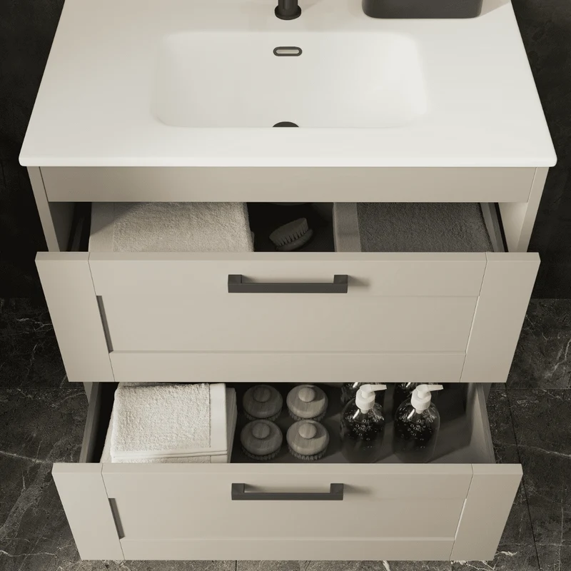 Mueble de Baño Suspendido con Lavabo Cerámico modelo Ellen | Mueble Volado 2 Cajones Con Tirador | Moka Mate