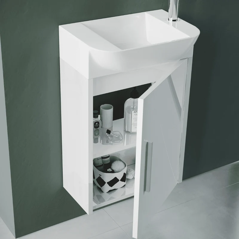Mueble de Baño Suspendido Fondo Reducido con Lavabo Cerámico para Aseos modelo Verzo | Mueble Volado 1 Puerta Con Tirador | Blanco Brillo