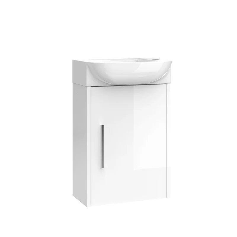 Mueble de Baño Suspendido Fondo Reducido con Lavabo Cerámico para Aseos modelo Verzo | Mueble Volado 1 Puerta Con Tirador | Blanco Brillo