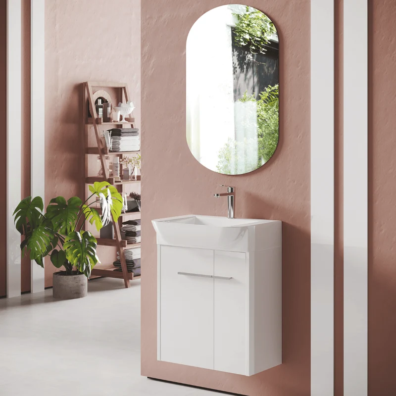 Mueble de Baño Suspendido Fondo Reducido con Lavabo Cerámico para Aseos modelo Verzo | Mueble Volado 1 Puerta Con Tirador | Blanco Brillo