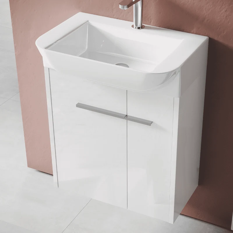 Mueble de Baño Suspendido Fondo Reducido con Lavabo Cerámico para Aseos modelo Verzo | Mueble Volado 1 Puerta Con Tirador | Blanco Brillo