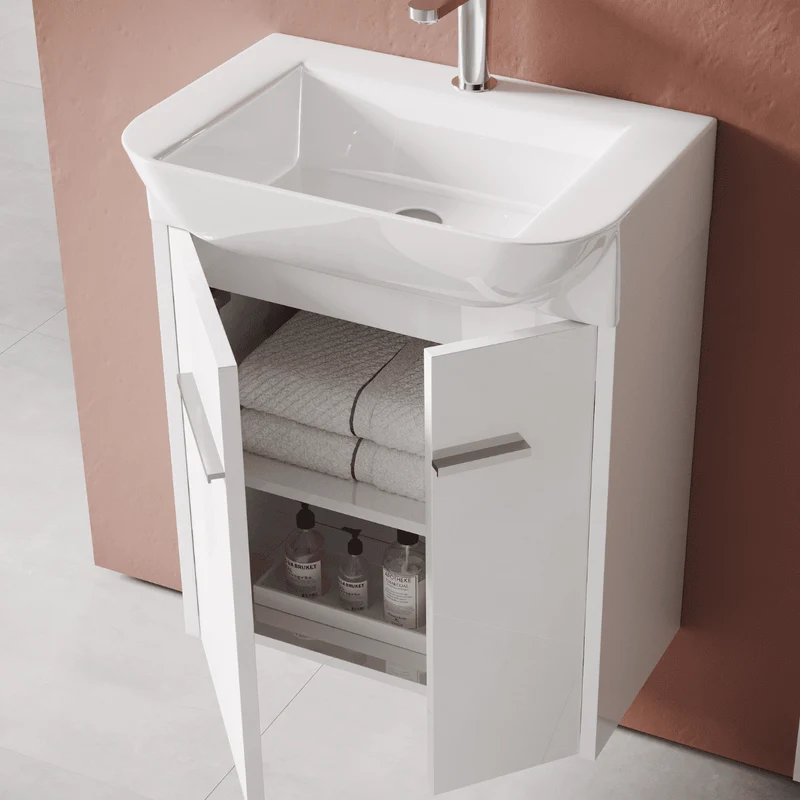 Mueble de Baño Suspendido Fondo Reducido con Lavabo Cerámico para Aseos modelo Verzo | Mueble Volado 1 Puerta Con Tirador | Blanco Brillo