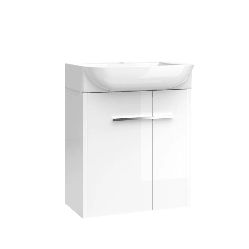 Mueble de Baño Suspendido Fondo Reducido con Lavabo Cerámico para Aseos modelo Verzo | Mueble Volado 1 Puerta Con Tirador | Blanco Brillo