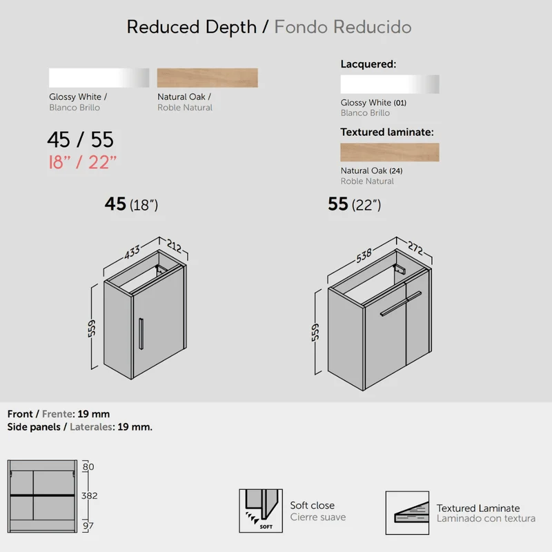Mueble de Baño Suspendido Fondo Reducido con Lavabo Cerámico para Aseos modelo Verzo | Mueble Volado 1 Puerta Con Tirador | Blanco Brillo