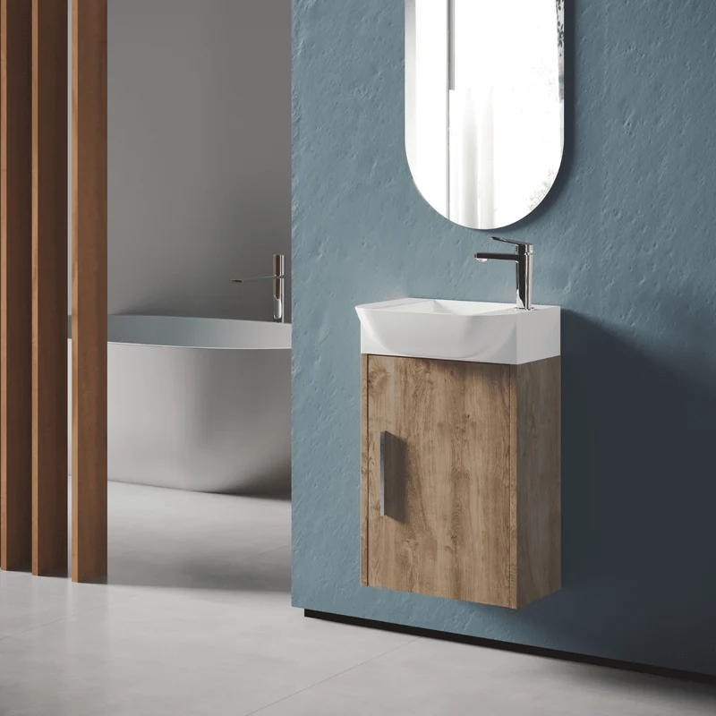 Mueble de Baño Suspendido Fondo Reducido con Lavabo Cerámico para Aseos modelo Verzo | Mueble Volado 1 Puerta Con Tirador | Roble Natural