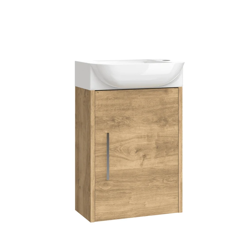 Mueble de Baño Suspendido Fondo Reducido con Lavabo Cerámico para Aseos modelo Verzo | Mueble Volado 1 Puerta Con Tirador | Roble Natural