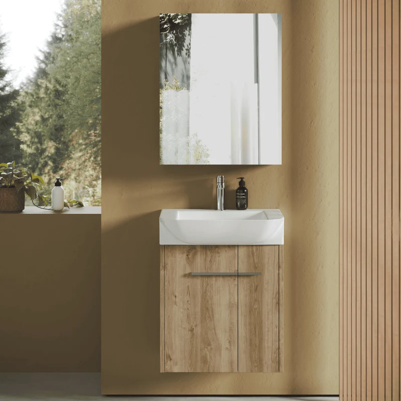 Mueble de Baño Suspendido Fondo Reducido con Lavabo Cerámico para Aseos modelo Verzo | Mueble Volado 1 Puerta Con Tirador | Roble Natural