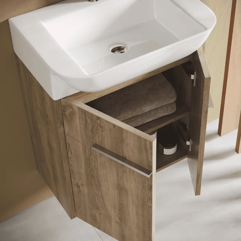 Mueble de Baño Suspendido Fondo Reducido con Lavabo Cerámico para Aseos modelo Verzo | Mueble Volado 1 Puerta Con Tirador | Roble Natural