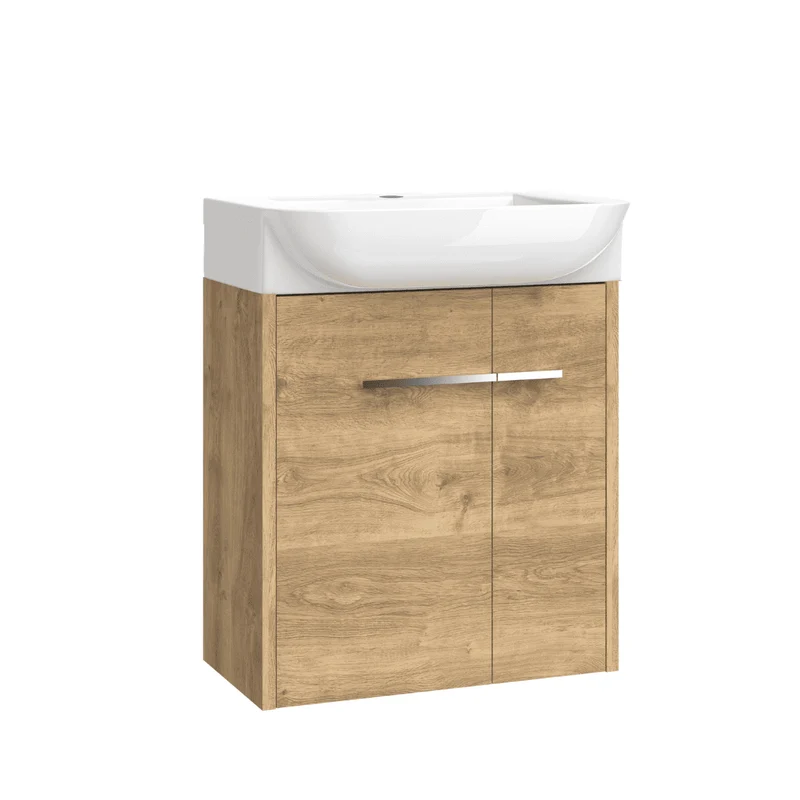 Mueble de Baño Suspendido Fondo Reducido con Lavabo Cerámico para Aseos modelo Verzo | Mueble Volado 1 Puerta Con Tirador | Roble Natural