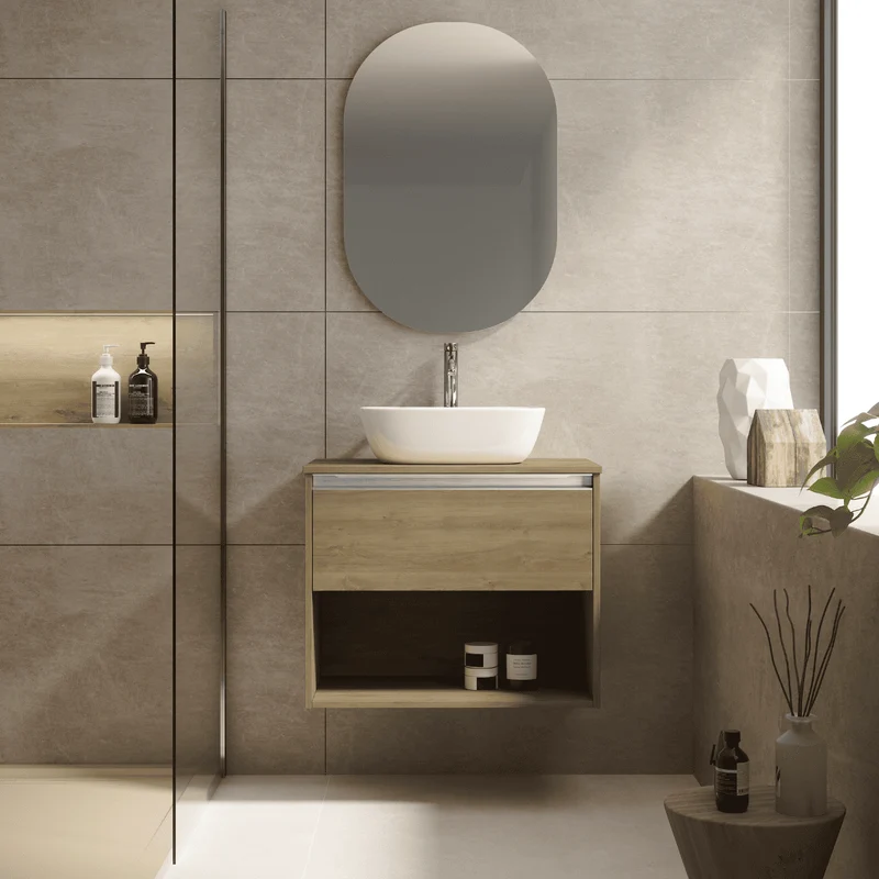 Mueble de Baño Suspendido con Lavabo Sobreponer Cerámico modelo Veloz| Mueble Volado 1 Cajón Con Tirador y 1 Hueco | Roble Natural