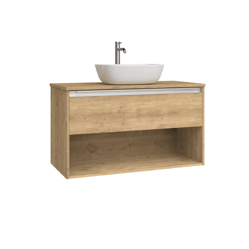 Mueble de Baño Suspendido con Lavabo Sobreponer Cerámico modelo Veloz| Mueble Volado 1 Cajón Con Tirador y 1 Hueco | Roble Natural