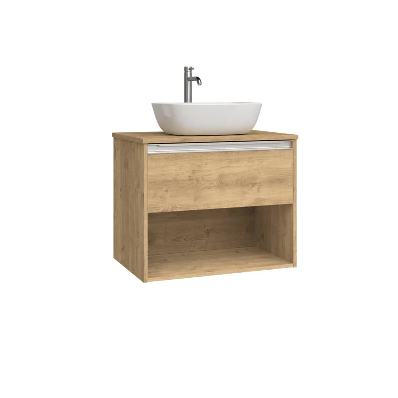 Mueble de Baño Suspendido con Lavabo Sobreponer Cerámico modelo Veloz| Mueble Volado 1 Cajón Con Tirador y 1 Hueco | Roble Natural