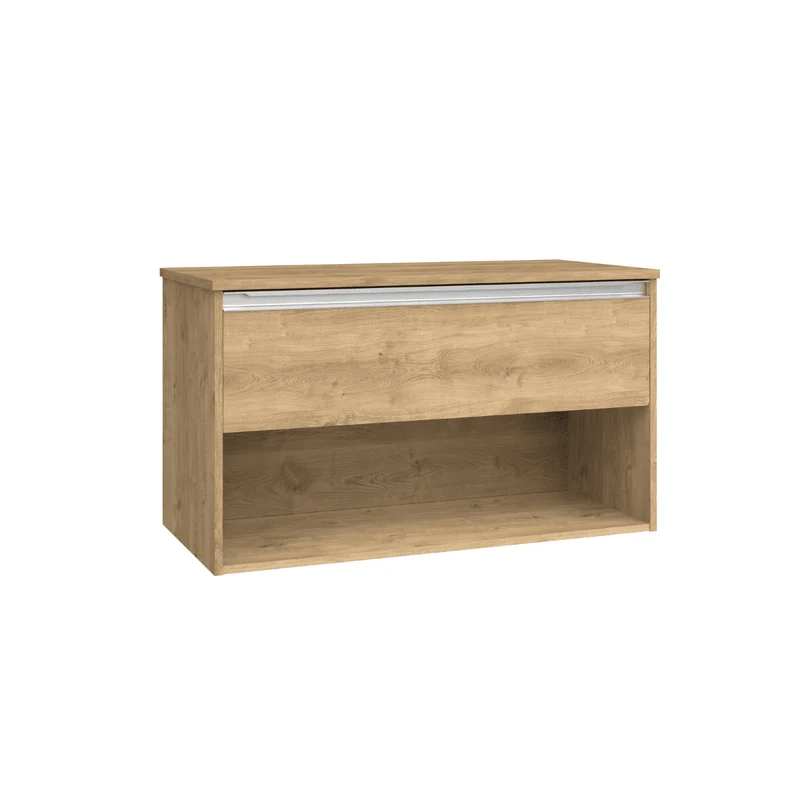 Mueble de Baño Suspendido con Lavabo Sobreponer Cerámico modelo Veloz| Mueble Volado 1 Cajón Con Tirador y 1 Hueco | Roble Natural
