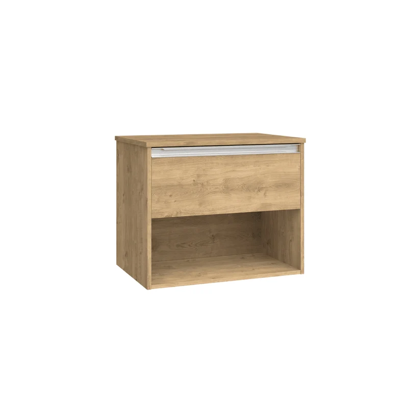 Mueble de Baño Suspendido con Lavabo Sobreponer Cerámico modelo Veloz| Mueble Volado 1 Cajón Con Tirador y 1 Hueco | Roble Natural
