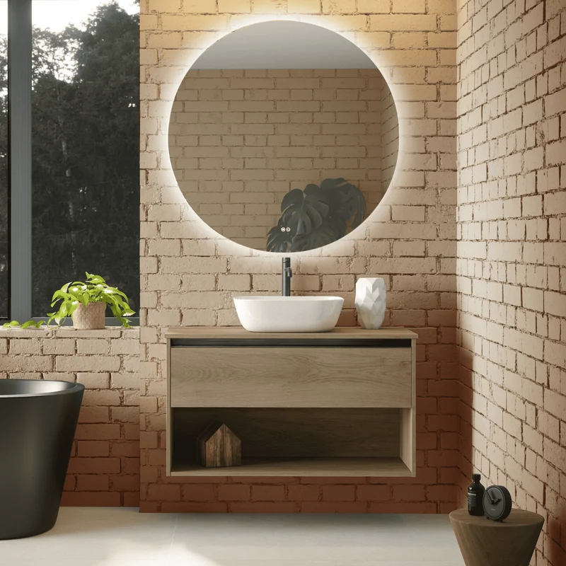 Mueble de Baño Suspendido con Lavabo Sobreponer Cerámico modelo Veloz| Mueble Volado 1 Cajón Con Tirador y 1 Hueco | Roble Natural