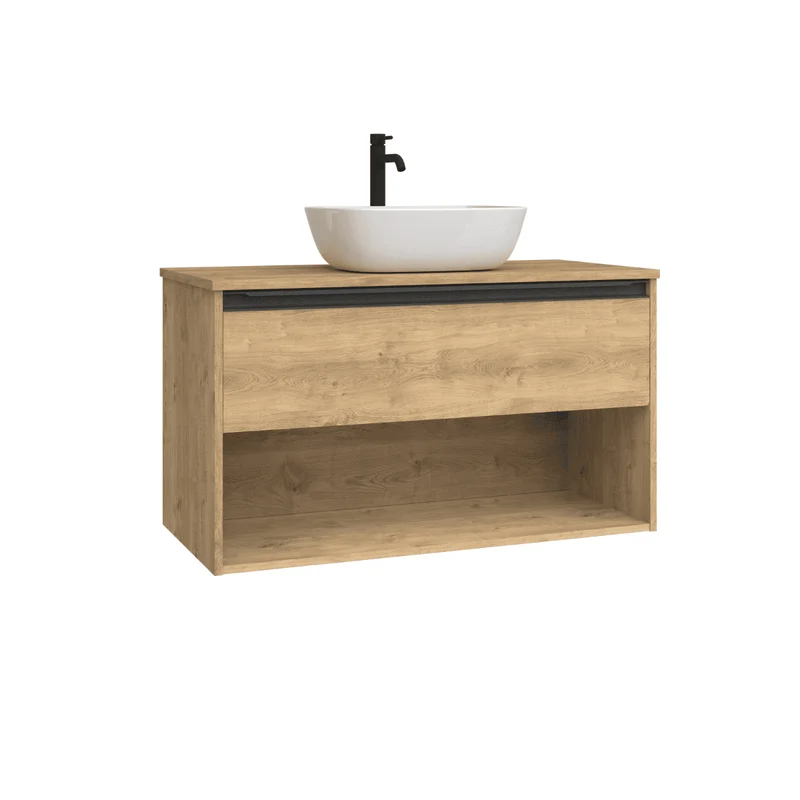 Mueble de Baño Suspendido con Lavabo Sobreponer Cerámico modelo Veloz| Mueble Volado 1 Cajón Con Tirador y 1 Hueco | Roble Natural