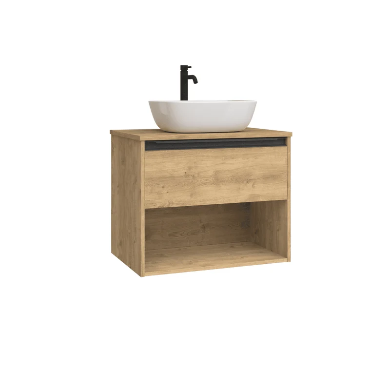 Mueble de Baño Suspendido con Lavabo Sobreponer Cerámico modelo Veloz| Mueble Volado 1 Cajón Con Tirador y 1 Hueco | Roble Natural