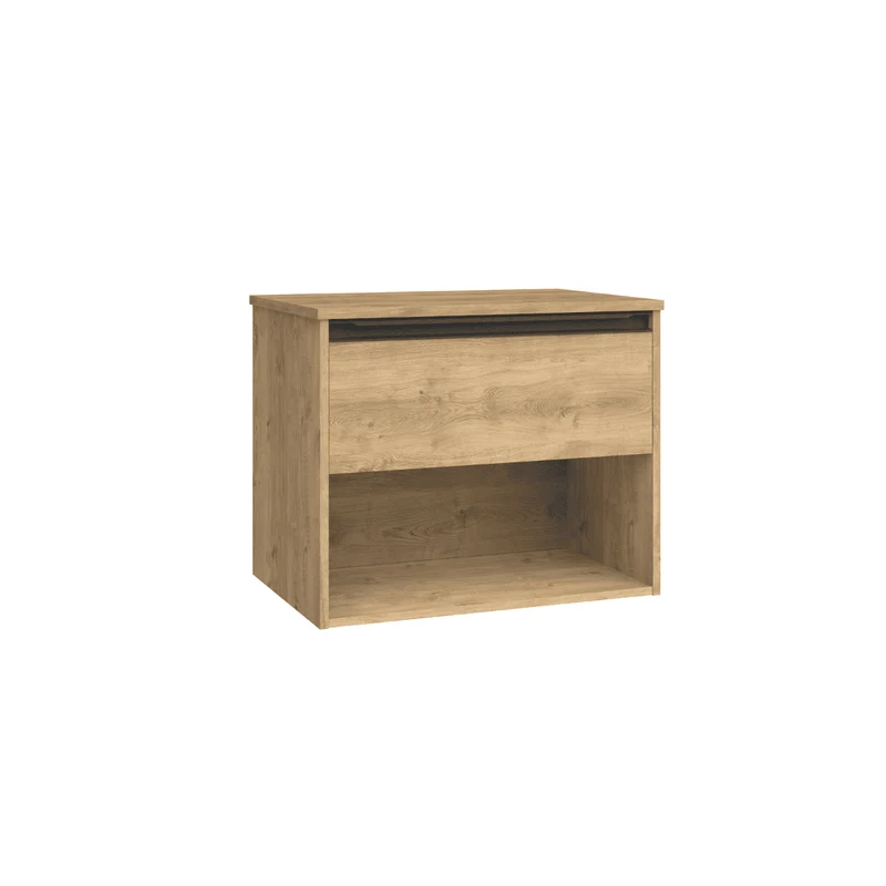 Mueble de Baño Suspendido con Lavabo Sobreponer Cerámico modelo Veloz| Mueble Volado 1 Cajón Con Tirador y 1 Hueco | Roble Natural