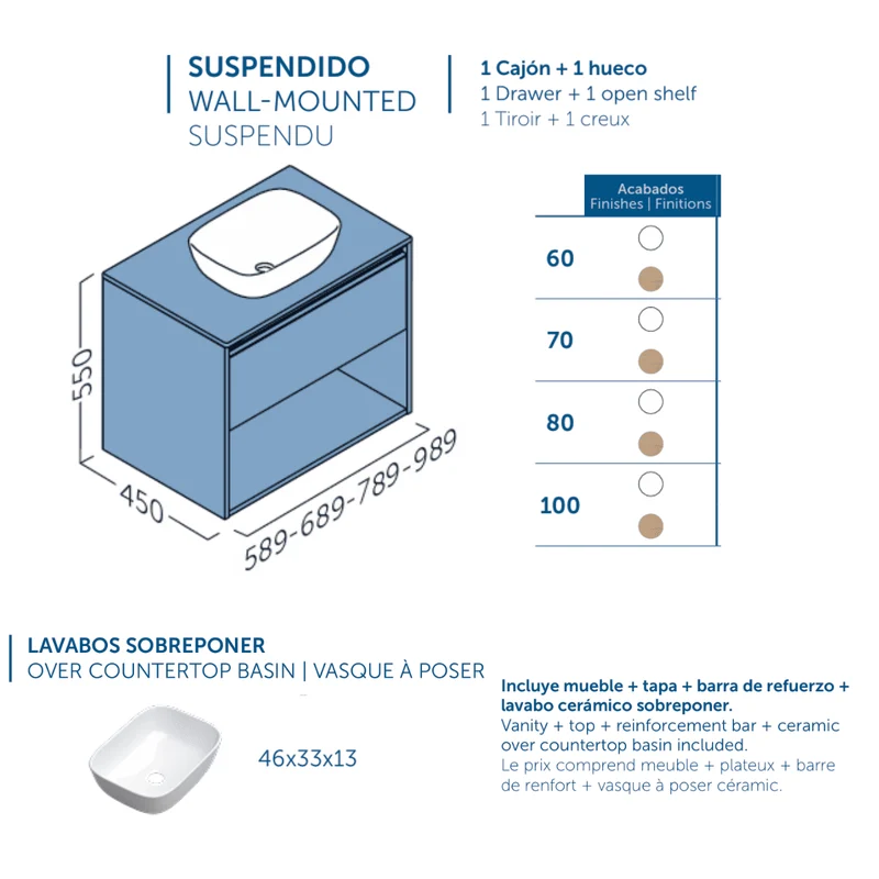 Mueble de Baño Suspendido con Lavabo Sobreponer Cerámico modelo Veloz| Mueble Volado 1 Cajón Con Tirador y 1 Hueco | Blanco Brillo