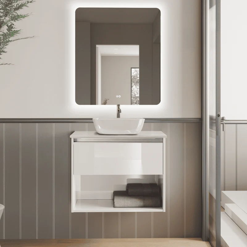 Mueble de Baño Suspendido con Lavabo Sobreponer Cerámico modelo Veloz| Mueble Volado 1 Cajón Con Tirador y 1 Hueco | Blanco Brillo