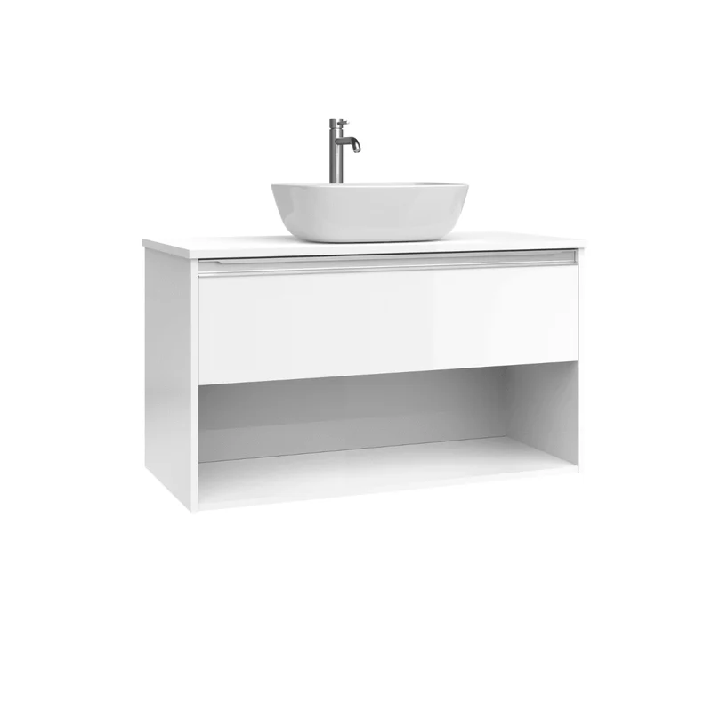 Mueble de Baño Suspendido con Lavabo Sobreponer Cerámico modelo Veloz| Mueble Volado 1 Cajón Con Tirador y 1 Hueco | Blanco Brillo