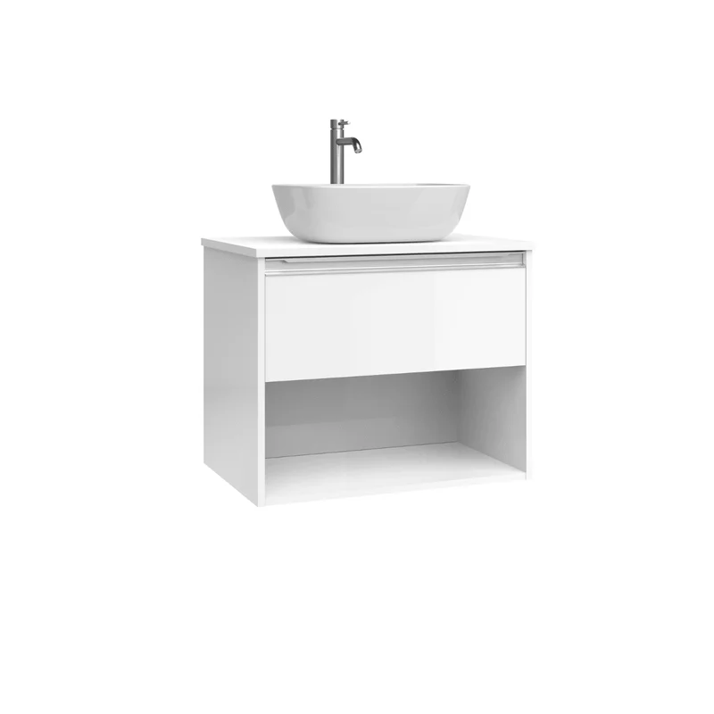 Mueble de Baño Suspendido con Lavabo Sobreponer Cerámico modelo Veloz| Mueble Volado 1 Cajón Con Tirador y 1 Hueco | Blanco Brillo