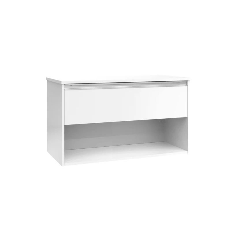 Mueble de Baño Suspendido con Lavabo Sobreponer Cerámico modelo Veloz| Mueble Volado 1 Cajón Con Tirador y 1 Hueco | Blanco Brillo