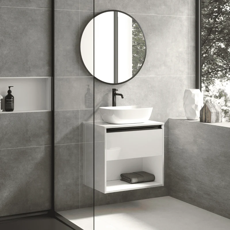 Mueble de Baño Suspendido con Lavabo Sobreponer Cerámico modelo Veloz| Mueble Volado 1 Cajón Con Tirador y 1 Hueco | Blanco Brillo