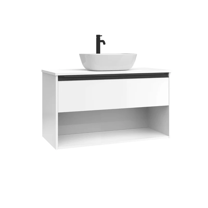 Mueble de Baño Suspendido con Lavabo Sobreponer Cerámico modelo Veloz| Mueble Volado 1 Cajón Con Tirador y 1 Hueco | Blanco Brillo