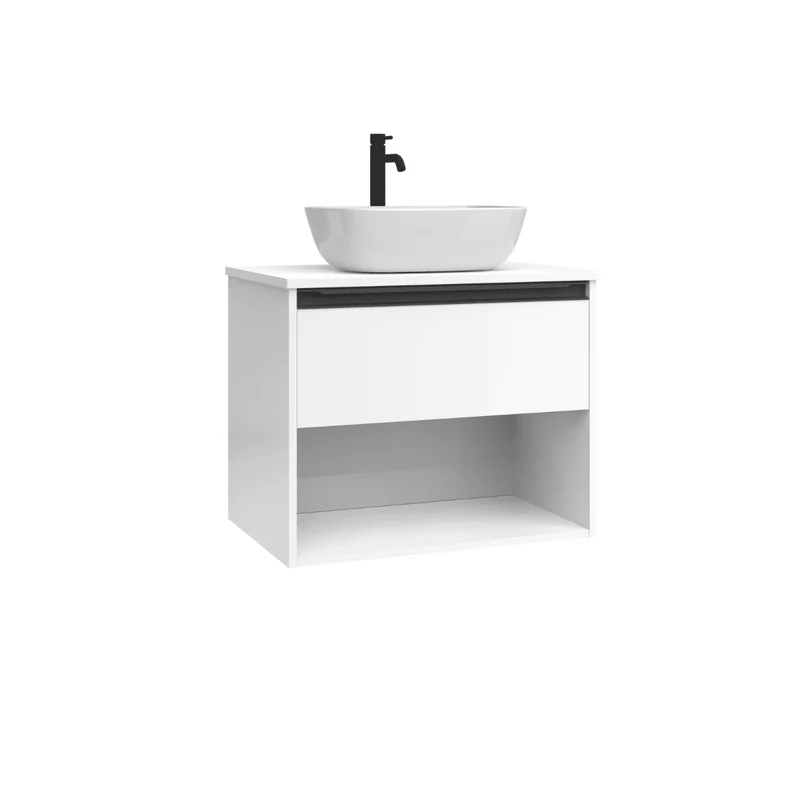 Mueble de Baño Suspendido con Lavabo Sobreponer Cerámico modelo Veloz| Mueble Volado 1 Cajón Con Tirador y 1 Hueco | Blanco Brillo