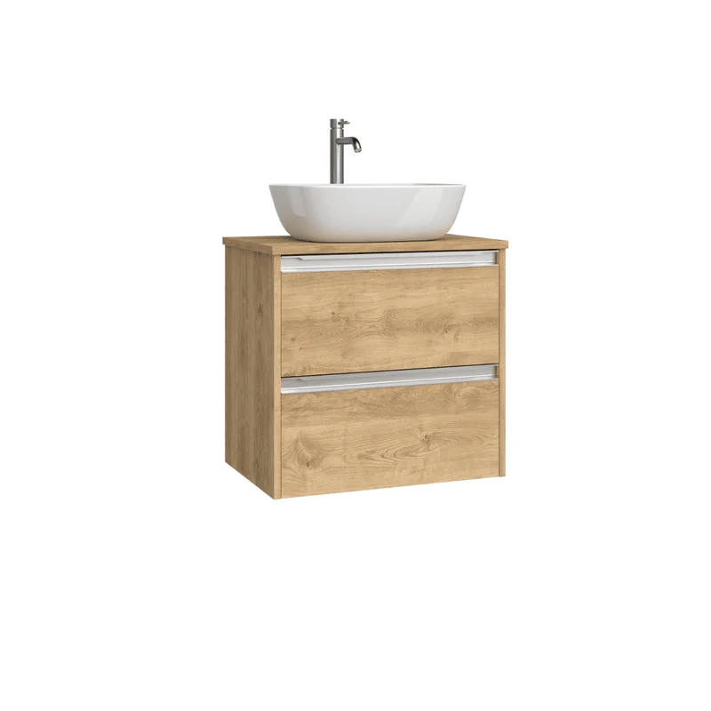 Mueble de Baño Suspendido Fondo Reducido con Lavabo Sobreponer Cerámico para Aseos modelo Veloz| Mueble Volado 2 Cajones Con Tirador| Roble Natural