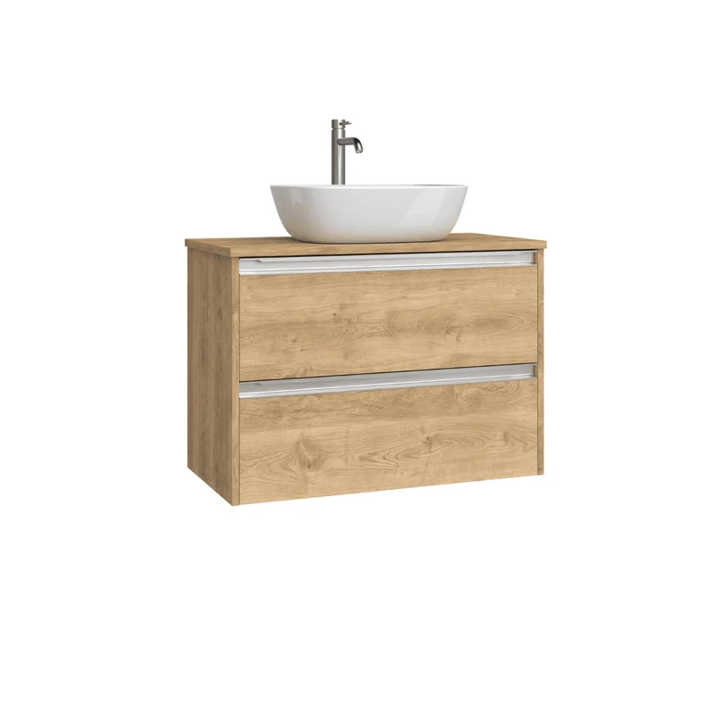 Mueble de Baño Suspendido Fondo Reducido con Lavabo Sobreponer Cerámico para Aseos modelo Veloz| Mueble Volado 2 Cajones Con Tirador| Roble Natural