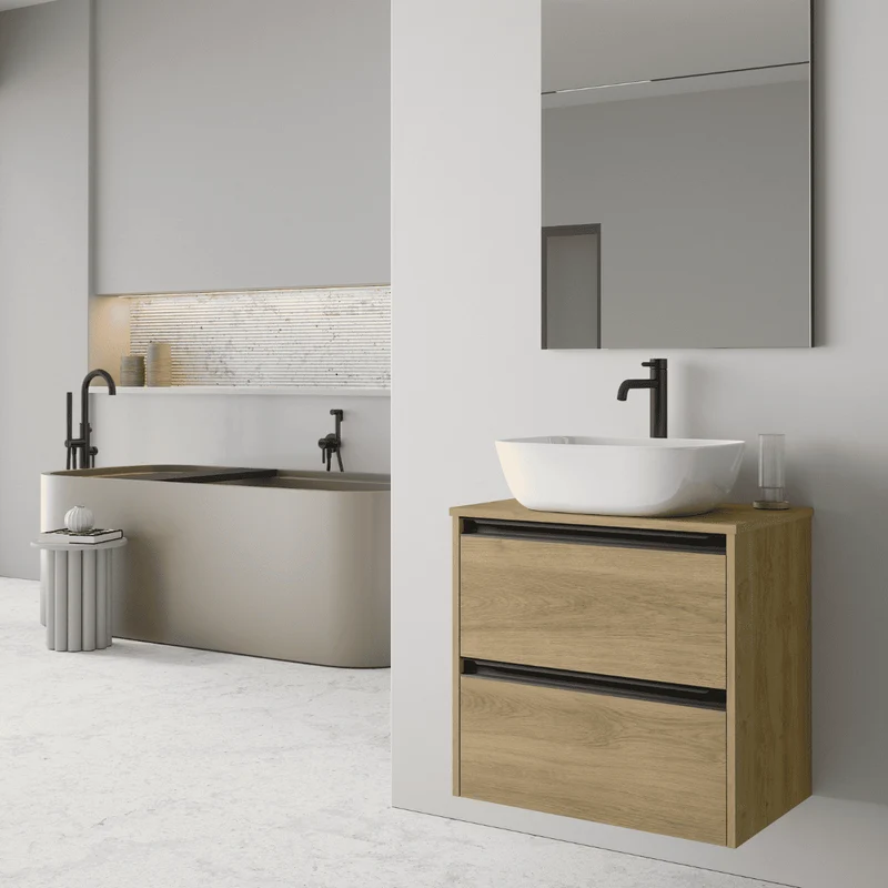 Mueble de Baño Suspendido Fondo Reducido con Lavabo Sobreponer Cerámico para Aseos modelo Veloz| Mueble Volado 2 Cajones Con Tirador| Roble Natural