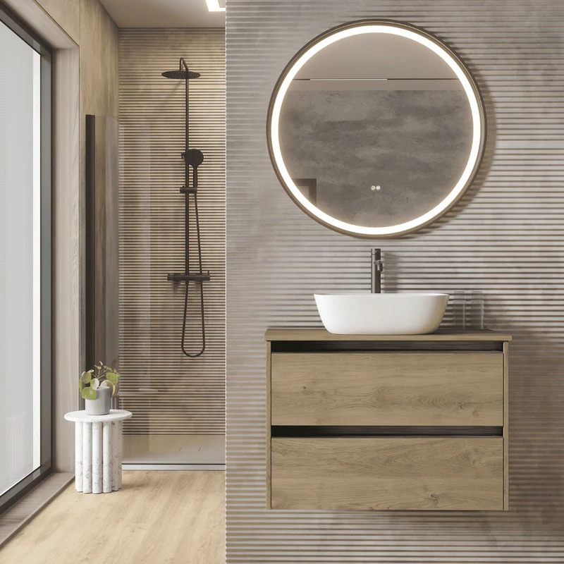 Mueble de Baño Suspendido Fondo Reducido con Lavabo Sobreponer Cerámico para Aseos modelo Veloz| Mueble Volado 2 Cajones Con Tirador| Roble Natural