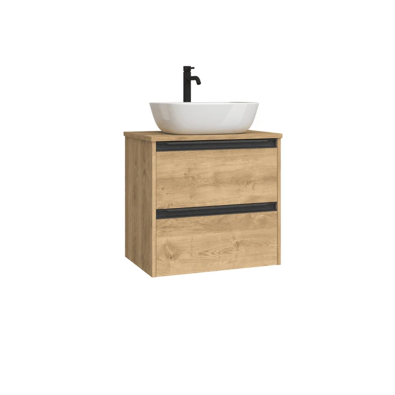 Mueble de Baño Suspendido Fondo Reducido con Lavabo Sobreponer Cerámico para Aseos modelo Veloz| Mueble Volado 2 Cajones Con Tirador| Roble Natural