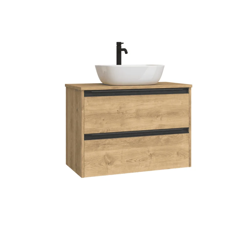 Mueble de Baño Suspendido Fondo Reducido con Lavabo Sobreponer Cerámico para Aseos modelo Veloz| Mueble Volado 2 Cajones Con Tirador| Roble Natural