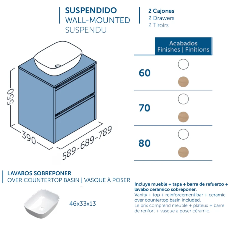 Mueble de Baño Suspendido Fondo Reducido con Lavabo Sobreponer Cerámico para Aseos modelo Veloz| Mueble Volado 2 Cajones Con Tirador| Roble Natural