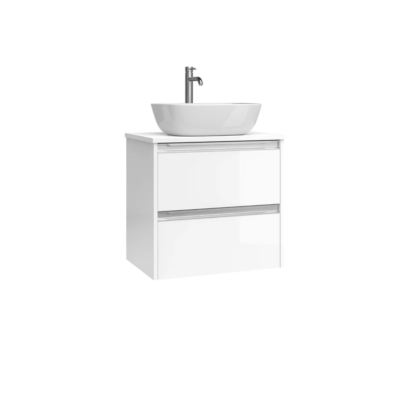 Mueble de Baño Suspendido Fondo Reducido con Lavabo Sobreponer Cerámico para Aseos modelo Veloz| Mueble Volado 2 Cajones Con Tirador| Blanco Brillo