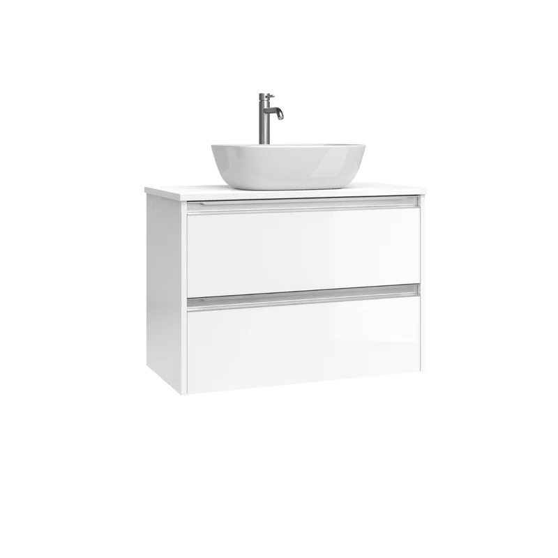Mueble de Baño Suspendido Fondo Reducido con Lavabo Sobreponer Cerámico para Aseos modelo Veloz| Mueble Volado 2 Cajones Con Tirador| Blanco Brillo