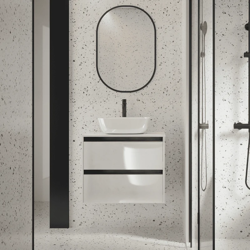 Mueble de Baño Suspendido Fondo Reducido con Lavabo Sobreponer Cerámico para Aseos modelo Veloz| Mueble Volado 2 Cajones Con Tirador| Blanco Brillo