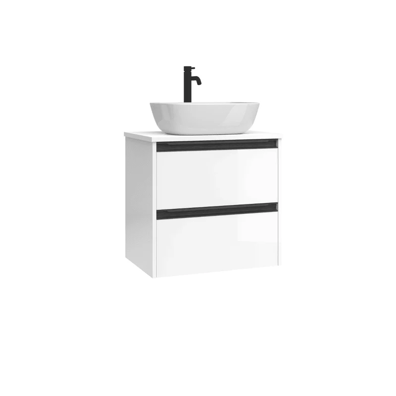 Mueble de Baño Suspendido Fondo Reducido con Lavabo Sobreponer Cerámico para Aseos modelo Veloz| Mueble Volado 2 Cajones Con Tirador| Blanco Brillo