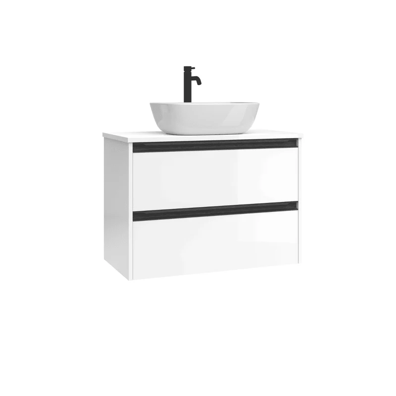 Mueble de Baño Suspendido Fondo Reducido con Lavabo Sobreponer Cerámico para Aseos modelo Veloz| Mueble Volado 2 Cajones Con Tirador| Blanco Brillo