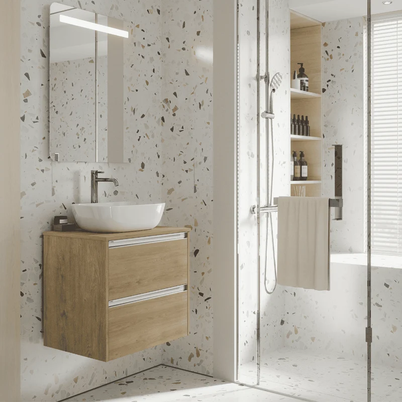 Mueble de Baño Suspendido con Lavabo Sobreponer Cerámico modelo Veloz|Mueble Volado 2 Cajones Con Tirador | Roble Natural