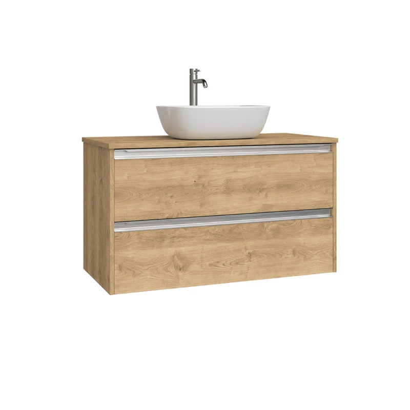 Mueble de Baño Suspendido con Lavabo Sobreponer Cerámico modelo Veloz|Mueble Volado 2 Cajones Con Tirador | Roble Natural