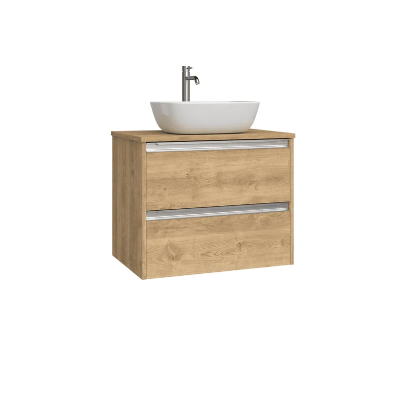 Mueble de Baño Suspendido con Lavabo Sobreponer Cerámico modelo Veloz|Mueble Volado 2 Cajones Con Tirador | Roble Natural
