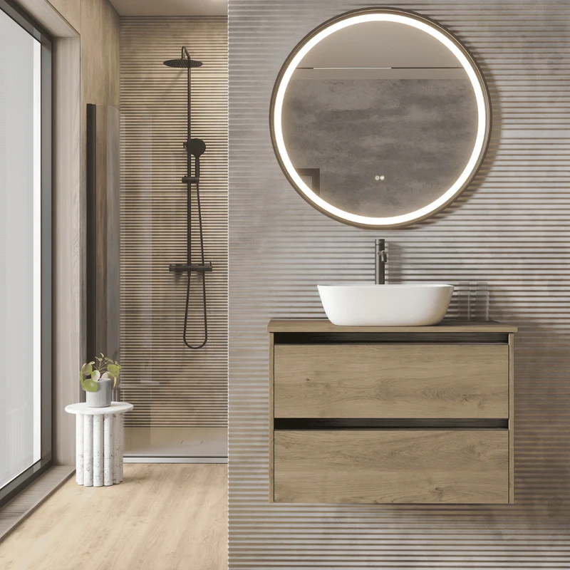 Mueble de Baño Suspendido con Lavabo Sobreponer Cerámico modelo Veloz|Mueble Volado 2 Cajones Con Tirador | Roble Natural